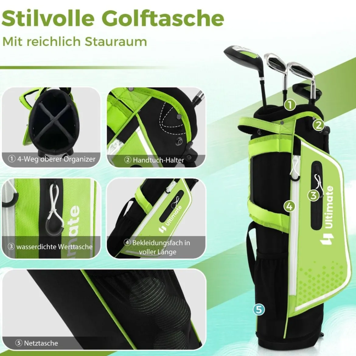 4-teiliges Kinder Golfschläger Set mit Golftasche & Regenhaube für Kinder von 5-7 Jahren Grün
