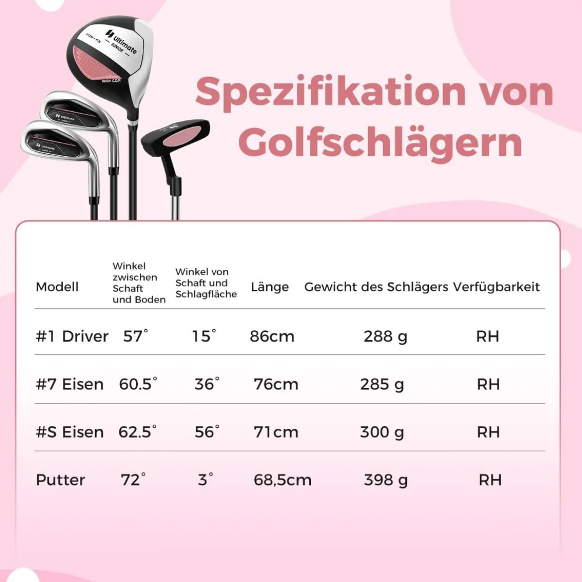 4-teiliges Kinder Golfschläger Set mit Golftasche & Regenhaube für Kinder von 8-10 Jahren Rosa