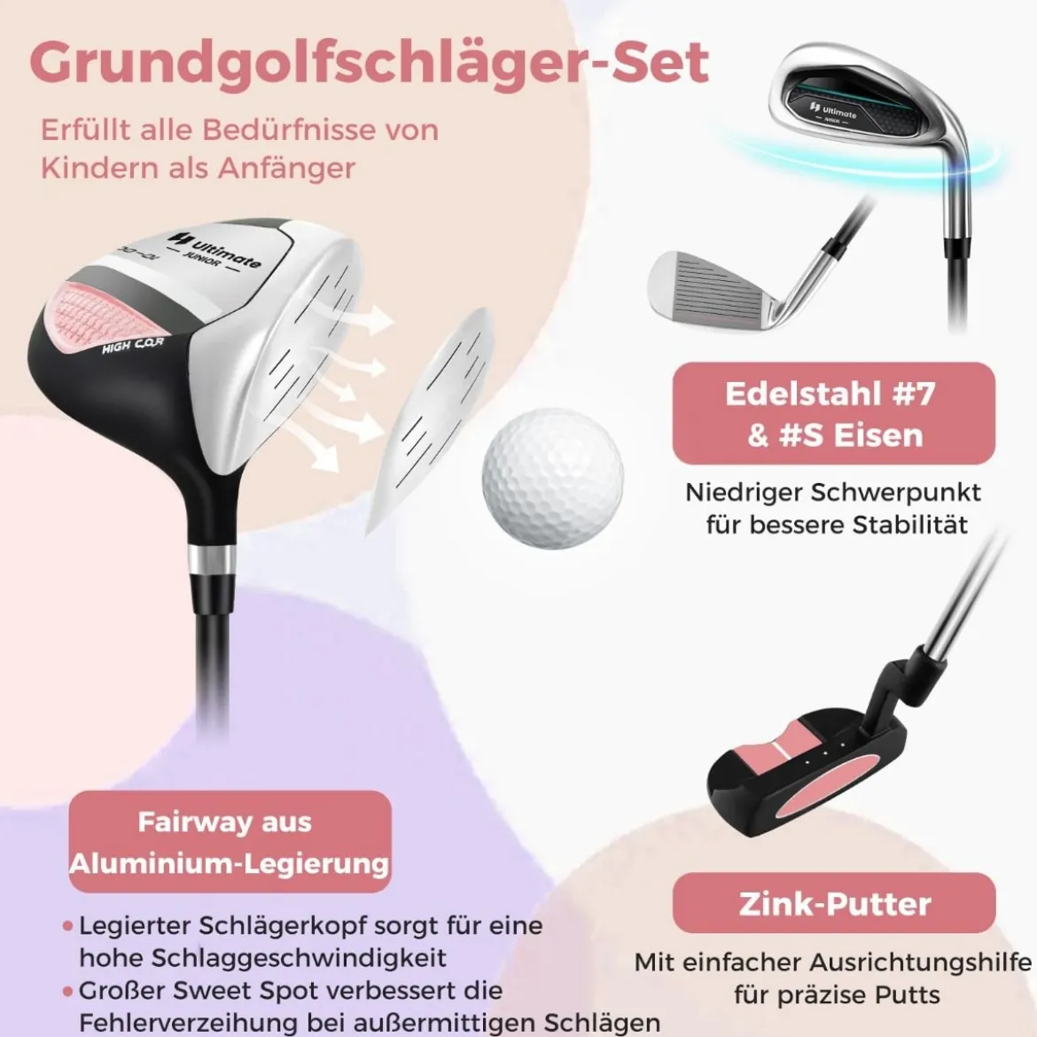 4-teiliges Kinder Golfschläger Set mit Golftasche & Regenhaube für Kinder von 8-10 Jahren Rosa