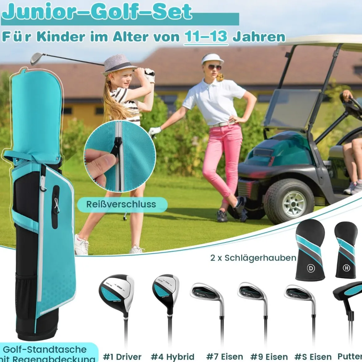 6-teiliges Kinder Golfschläger Set mit Golftasche & Regenhaube für Kinder von 11-13 Jahren Blau