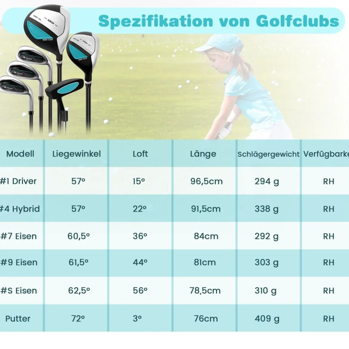 6-teiliges Kinder Golfschläger Set mit Golftasche & Regenhaube für Kinder von 11-13 Jahren Blau