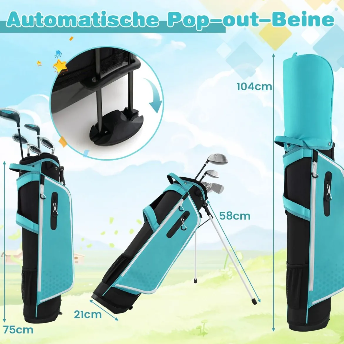 6-teiliges Kinder Golfschläger Set mit Golftasche & Regenhaube für Kinder von 11-13 Jahren Blau