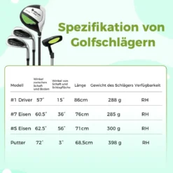 4-teiliges Kinder Golfschläger Set mit Golftasche & Regenhaube für Kinder von 8-10 Jahren Grün
