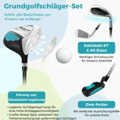 4-teiliges Kinder Golfschläger Set mit Golftasche & Regenhaube für Kinder von 8-10 Jahren Blau