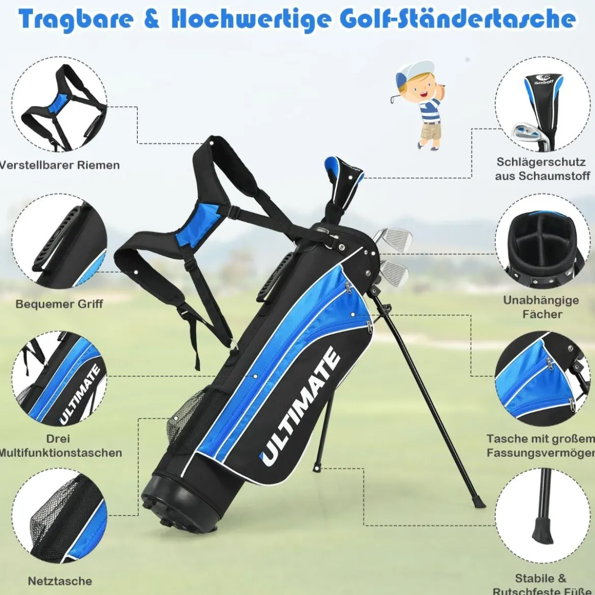 5-teiliges Kinder Golfschläger Set mit Fairway HolzEisen 7, 9 & Putter mit Standtasche für Junior von 11-13 Jahren