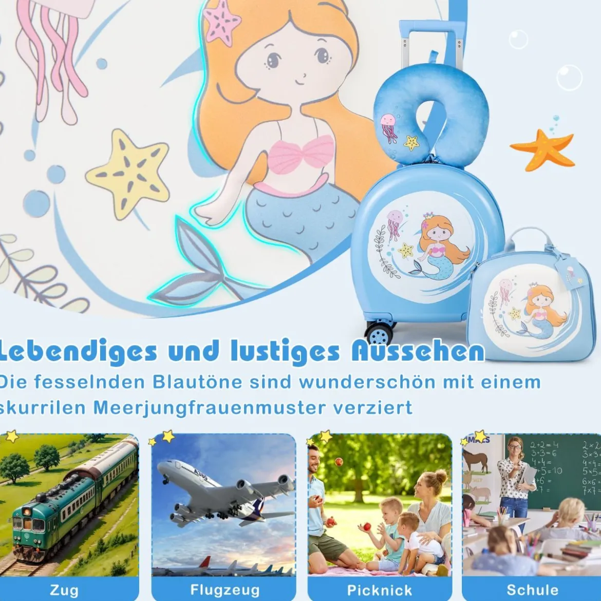 4 teiliges Kinderkoffer + Rucksack 10”+14” Kindertrolley mit Rollen Blau/Schwarz/Rosa 35L Reisekoffer