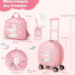 4 teiliges Kinderkoffer + Rucksack 10”+14” Kindertrolley mit Rollen Blau/Schwarz/Rosa 35L Reisekoffer