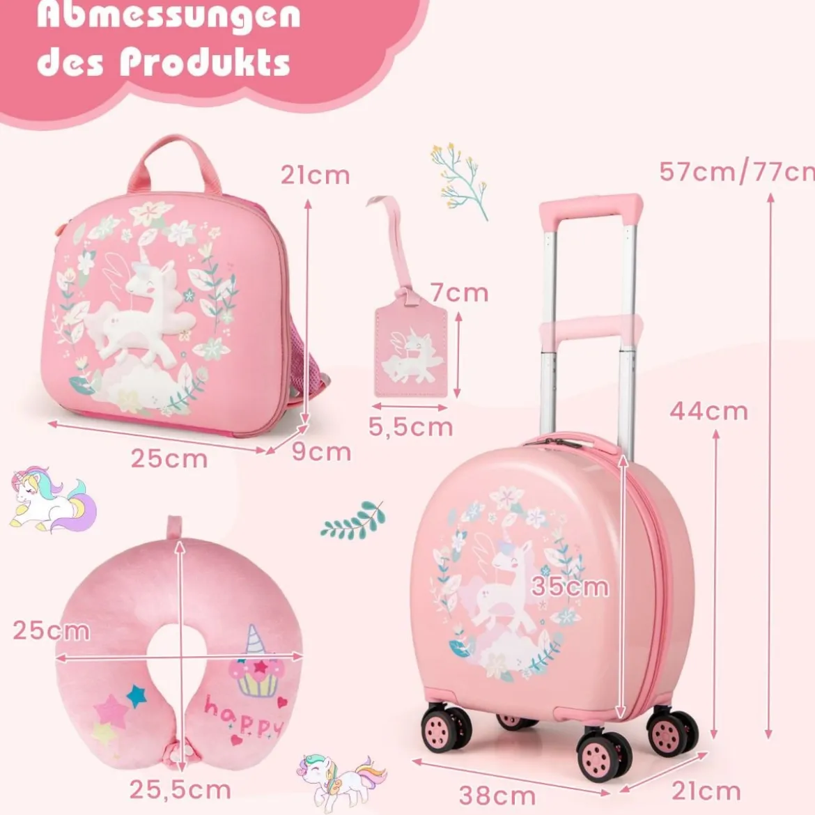 4 teiliges Kinderkoffer + Rucksack 10”+14” Kindertrolley mit Rollen Blau/Schwarz/Rosa 35L Reisekoffer