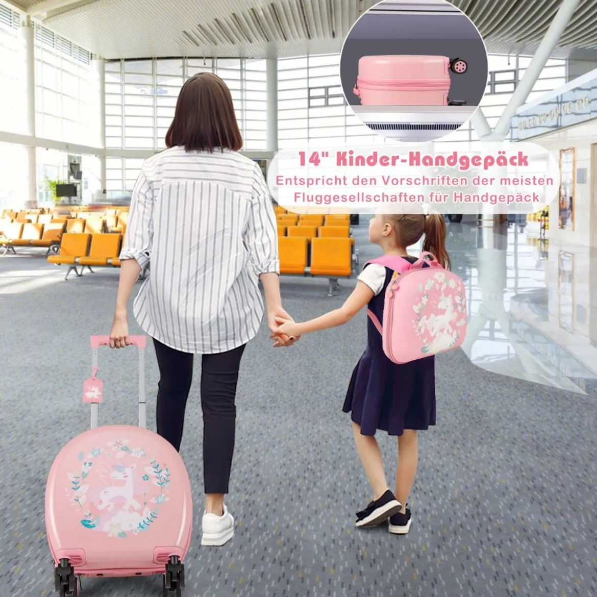 4 teiliges Kinderkoffer + Rucksack 10”+14” Kindertrolley mit Rollen Blau/Schwarz/Rosa 35L Reisekoffer