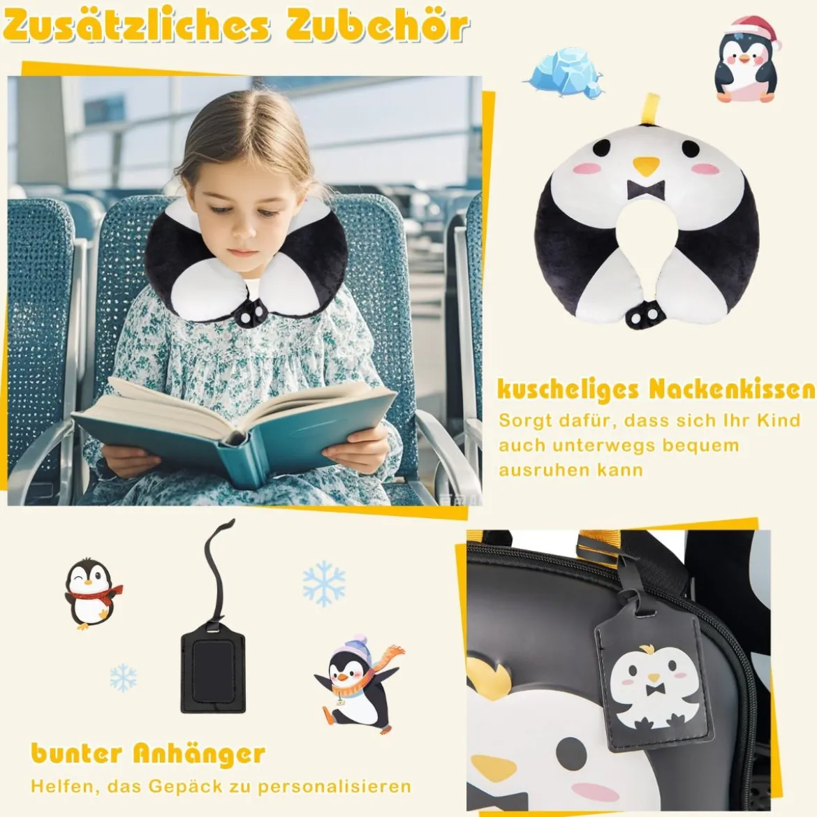 4 teiliges Kinderkoffer + Rucksack 10”+14” Kindertrolley mit Rollen Blau/Schwarz/Rosa 35L Reisekoffer