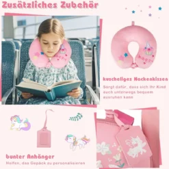 4 teiliges Kinderkoffer + Rucksack 10”+14” Kindertrolley mit Rollen Blau/Schwarz/Rosa 35L Reisekoffer