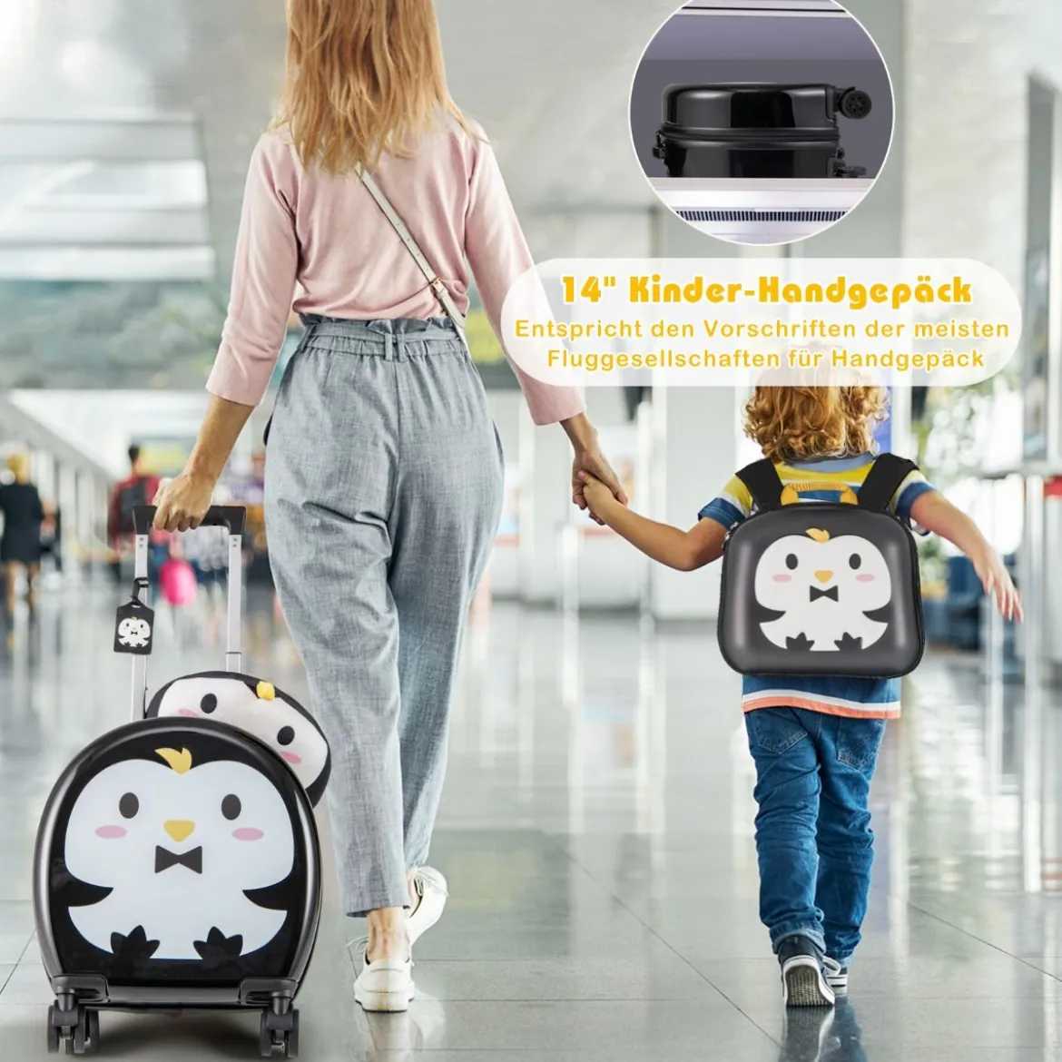 4 teiliges Kinderkoffer + Rucksack 10”+14” Kindertrolley mit Rollen Blau/Schwarz/Rosa 35L Reisekoffer