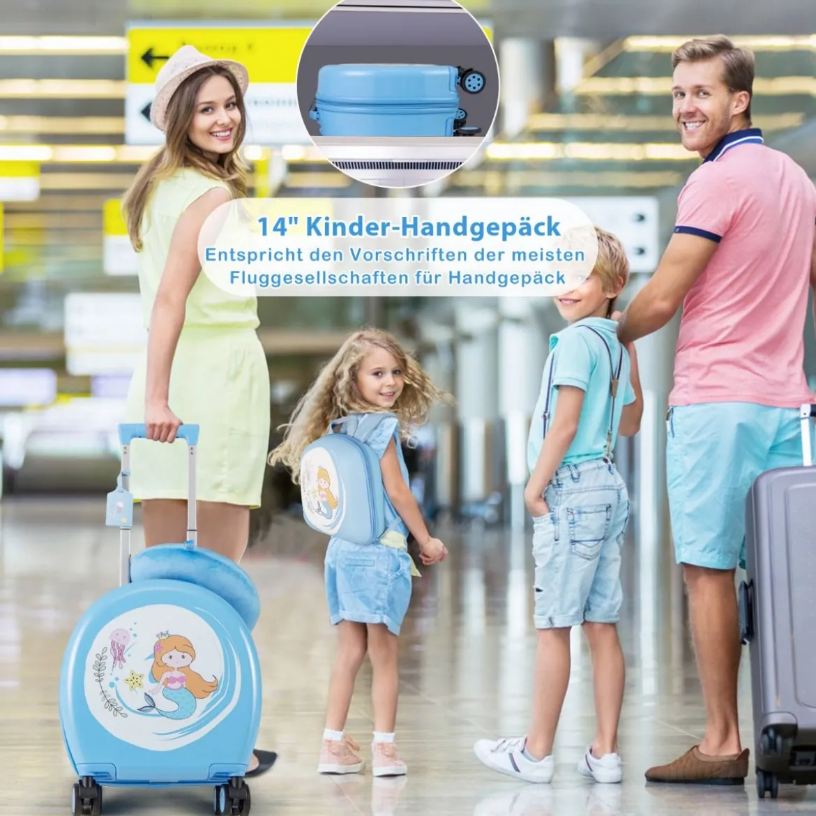 4 teiliges Kinderkoffer + Rucksack 10”+14” Kindertrolley mit Rollen Blau/Schwarz/Rosa 35L Reisekoffer