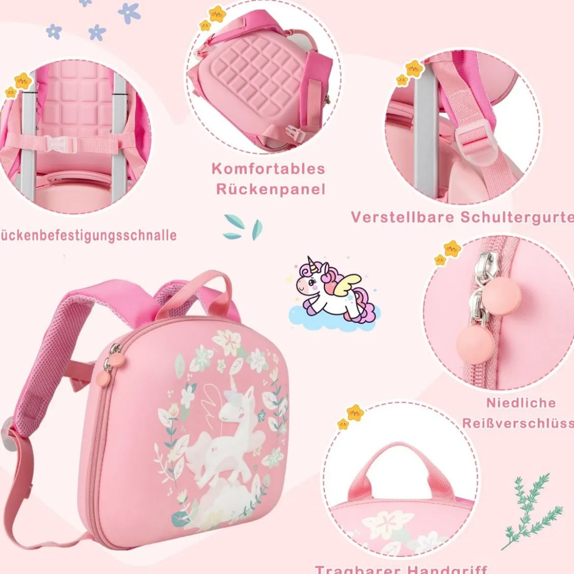 4 teiliges Kinderkoffer + Rucksack 10”+14” Kindertrolley mit Rollen Blau/Schwarz/Rosa 35L Reisekoffer