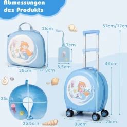 4 teiliges Kinderkoffer + Rucksack 10”+14” Kindertrolley mit Rollen Blau/Schwarz/Rosa 35L Reisekoffer