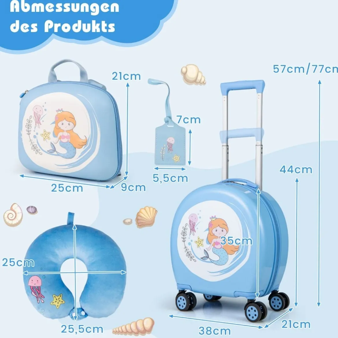 4 teiliges Kinderkoffer + Rucksack 10”+14” Kindertrolley mit Rollen Blau/Schwarz/Rosa 35L Reisekoffer