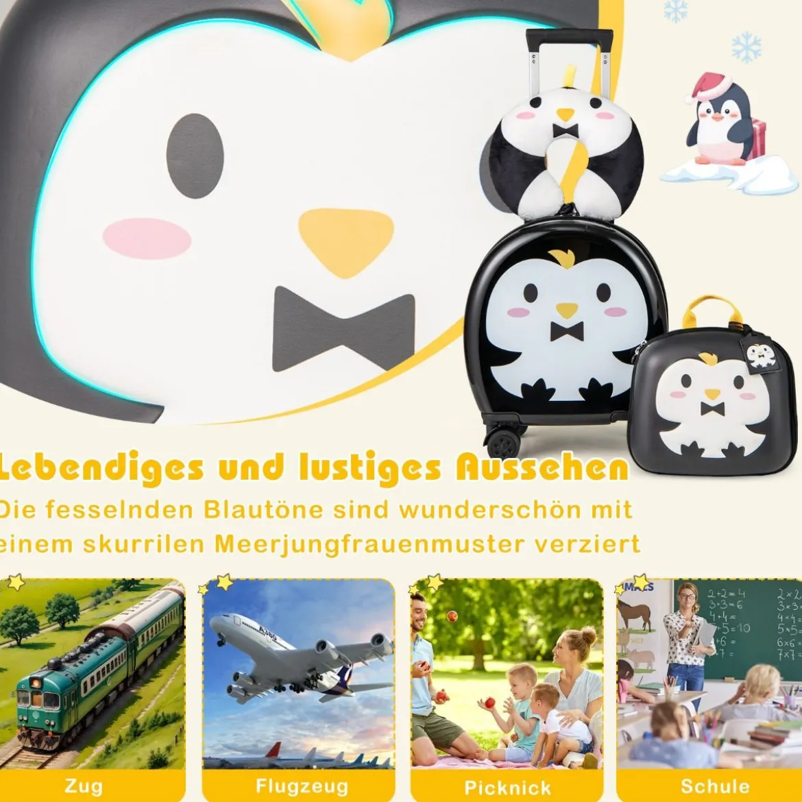 4 teiliges Kinderkoffer + Rucksack 10”+14” Kindertrolley mit Rollen Blau/Schwarz/Rosa 35L Reisekoffer