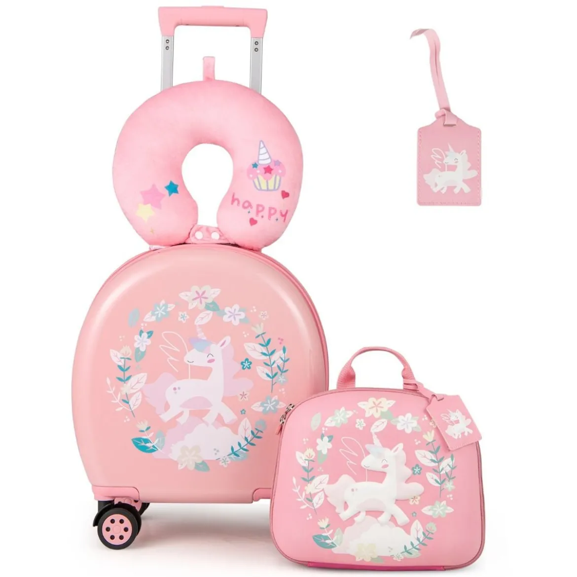 4 teiliges Kinderkoffer + Rucksack 10”+14” Kindertrolley mit Rollen Blau/Schwarz/Rosa 35L Reisekoffer