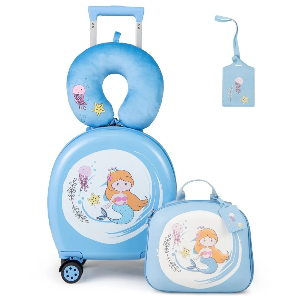 4 teiliges Kinderkoffer + Rucksack 10”+14” Kindertrolley mit Rollen Blau/Schwarz/Rosa 35L Reisekoffer