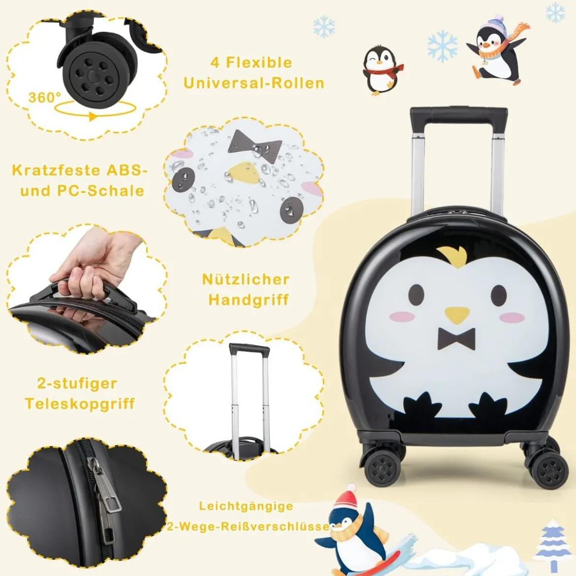 4 teiliges Kinderkoffer + Rucksack 10”+14” Kindertrolley mit Rollen Blau/Schwarz/Rosa 35L Reisekoffer