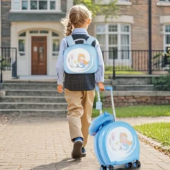 4 teiliges Kinderkoffer + Rucksack 10”+14” Kindertrolley mit Rollen Blau/Schwarz/Rosa 35L Reisekoffer