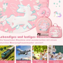 4 teiliges Kinderkoffer + Rucksack 10”+14” Kindertrolley mit Rollen Blau/Schwarz/Rosa 35L Reisekoffer