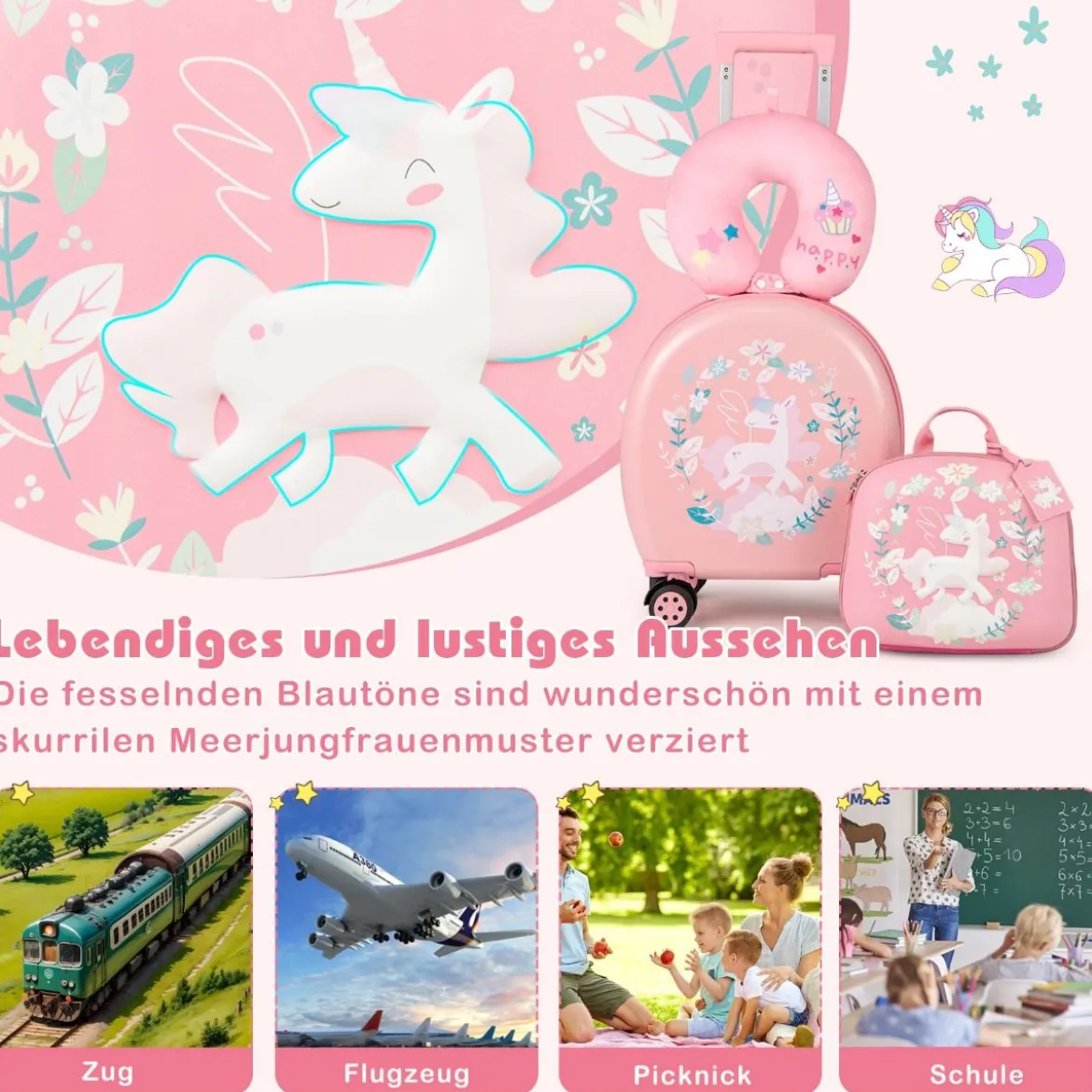 4 teiliges Kinderkoffer + Rucksack 10”+14” Kindertrolley mit Rollen Blau/Schwarz/Rosa 35L Reisekoffer