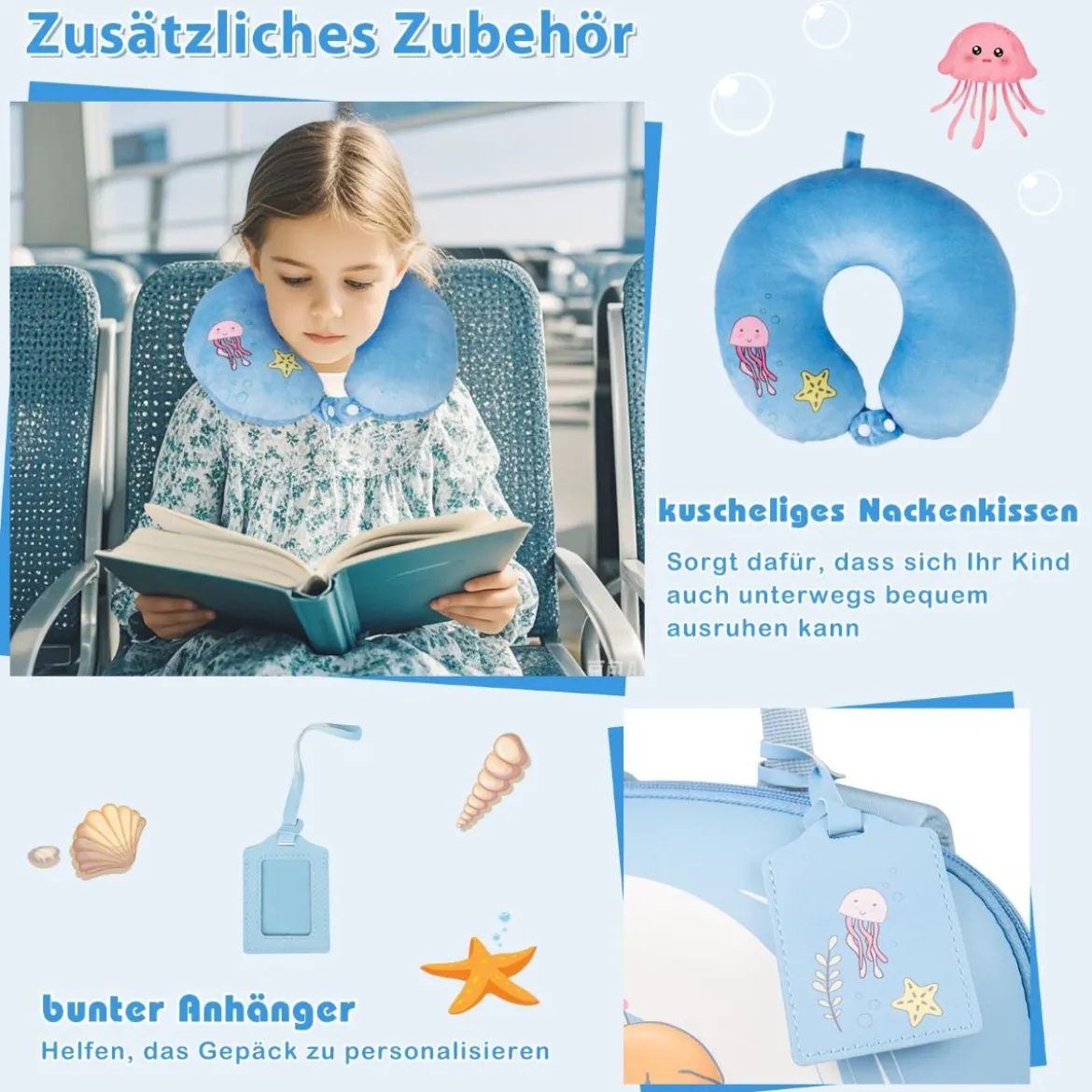 4 teiliges Kinderkoffer + Rucksack 10”+14” Kindertrolley mit Rollen Blau/Schwarz/Rosa 35L Reisekoffer