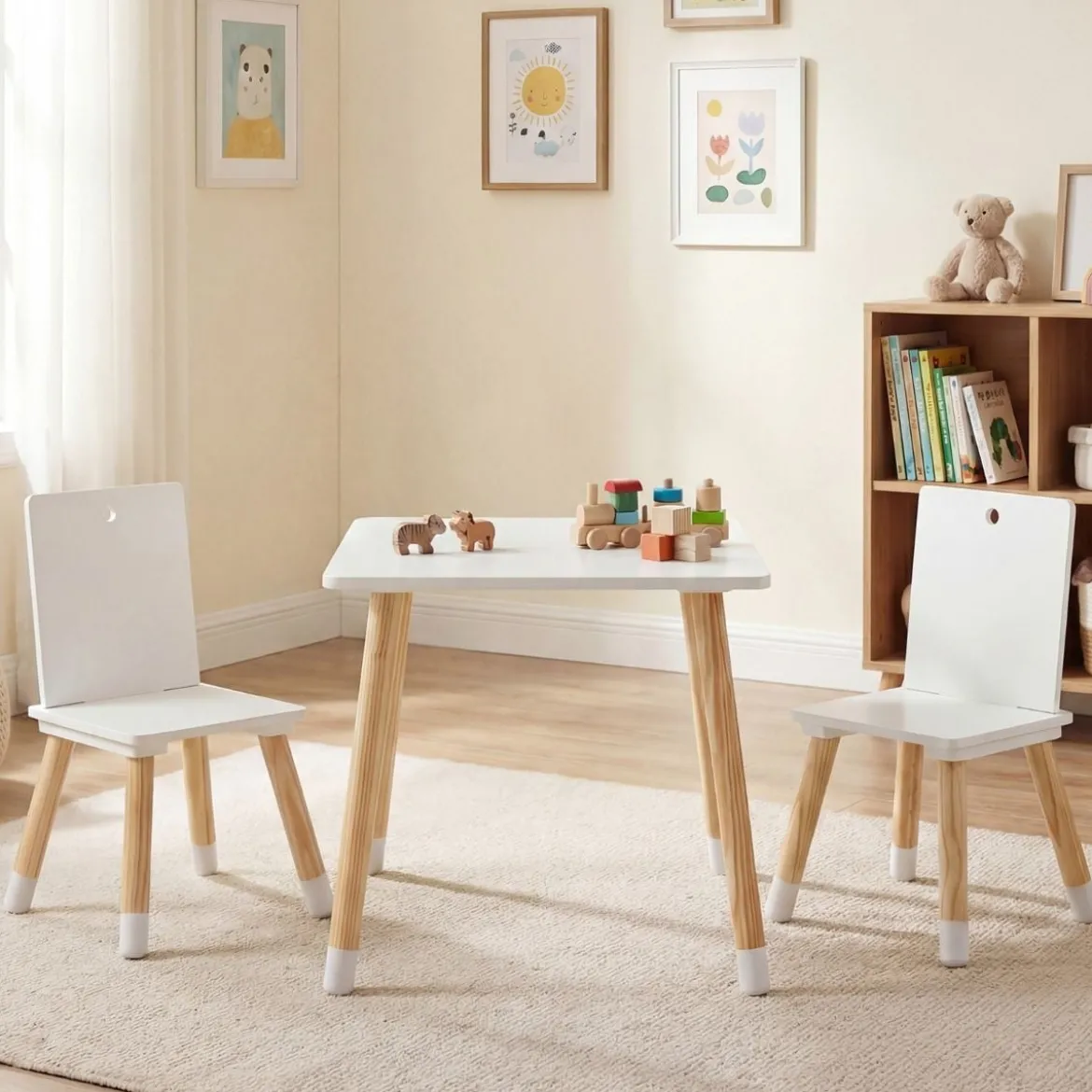 3-teiliges Kindersitzgruppe Holz Kindertisch und 2 Stühle Kinder Aktivitätstisch Weiß