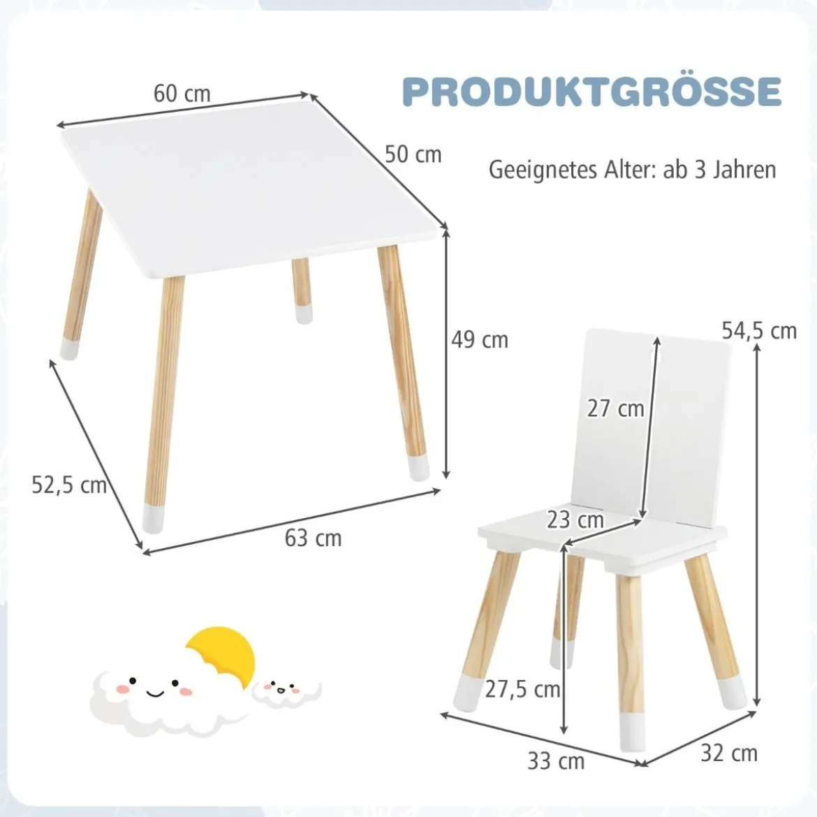 3-teiliges Kindersitzgruppe Holz Kindertisch und 2 Stühle Kinder Aktivitätstisch Weiß