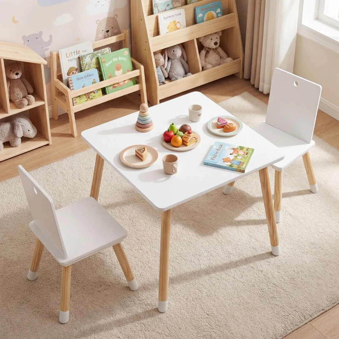 3-teiliges Kindersitzgruppe Holz Kindertisch und 2 Stühle Kinder Aktivitätstisch Weiß