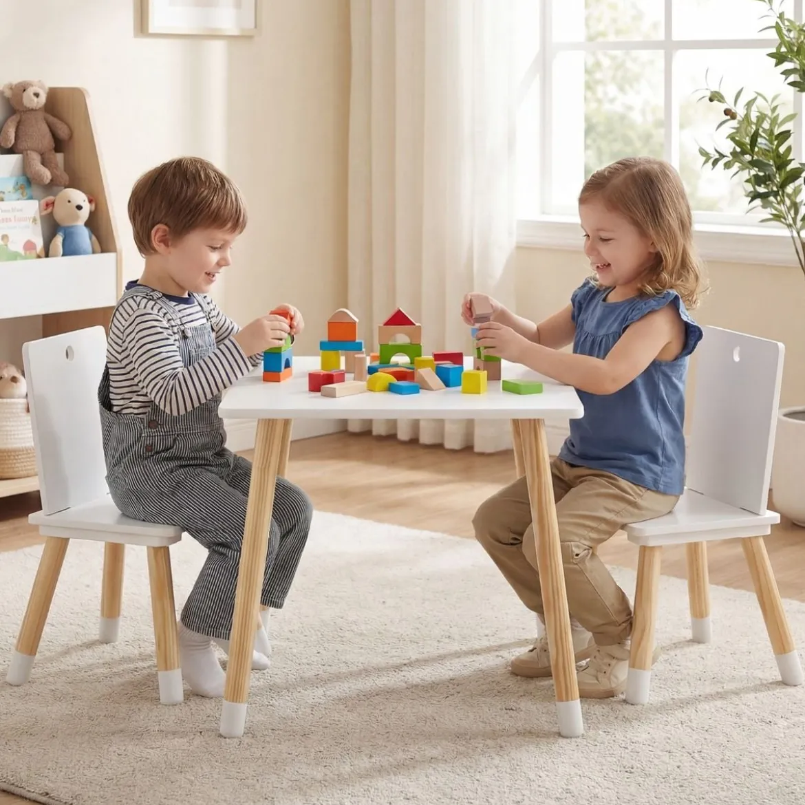 3-teiliges Kindersitzgruppe Holz Kindertisch und 2 Stühle Kinder Aktivitätstisch Weiß