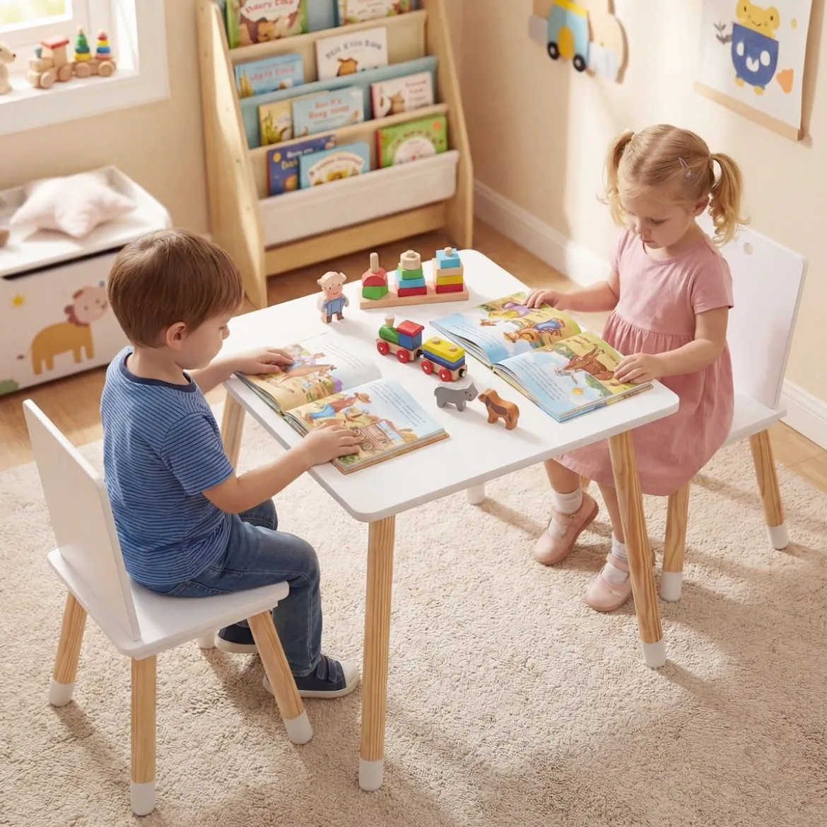 3-teiliges Kindersitzgruppe Holz Kindertisch und 2 Stühle Kinder Aktivitätstisch Weiß
