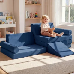 10-Teiliges Kindersofa Set Modulares Kinderspielsofa mit Weichem Kristallsamt Maschinenwaschbare Bezüge Blau/Grau
