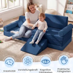 10-Teiliges Kindersofa Set Modulares Kinderspielsofa mit Weichem Kristallsamt Maschinenwaschbare Bezüge Blau/Grau