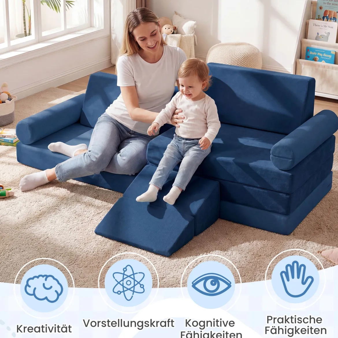 10-Teiliges Kindersofa Set Modulares Kinderspielsofa mit Weichem Kristallsamt Maschinenwaschbare Bezüge Blau/Grau
