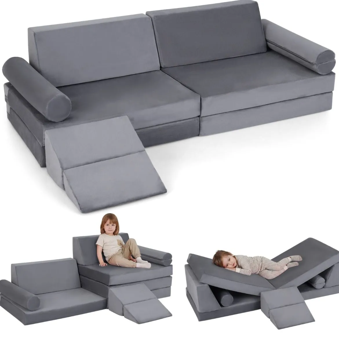 10-Teiliges Kindersofa Set Modulares Kinderspielsofa mit Weichem Kristallsamt Maschinenwaschbare Bezüge Blau/Grau