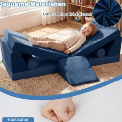 10-Teiliges Kindersofa Set Modulares Kinderspielsofa mit Weichem Kristallsamt Maschinenwaschbare Bezüge Blau/Grau