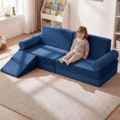 10-Teiliges Kindersofa Set Modulares Kinderspielsofa mit Weichem Kristallsamt Maschinenwaschbare Bezüge Blau/Grau