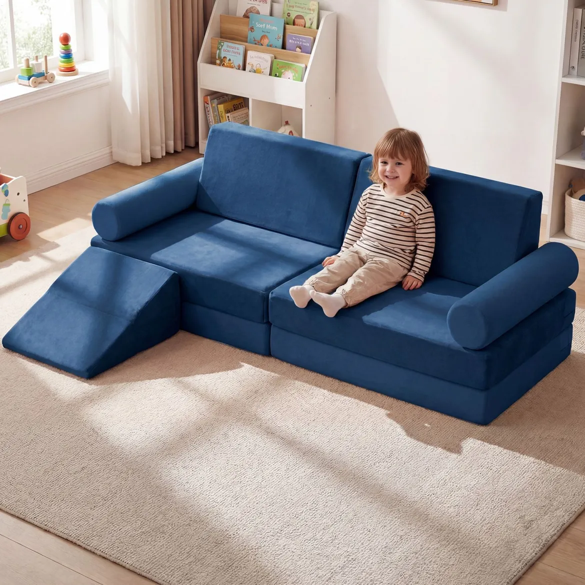 10-Teiliges Kindersofa Set Modulares Kinderspielsofa mit Weichem Kristallsamt Maschinenwaschbare Bezüge Blau/Grau