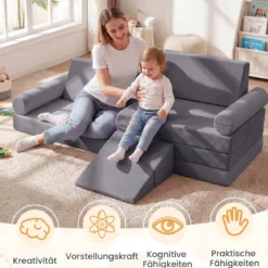 10-Teiliges Kindersofa Set Modulares Kinderspielsofa mit Weichem Kristallsamt Maschinenwaschbare Bezüge Blau/Grau