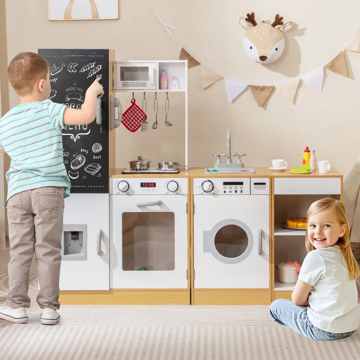 3-teiliges Kinder-Spielküchenset Holz Spielküche mit realistischen Geräuschen & Lichtern Natur + Weiß
