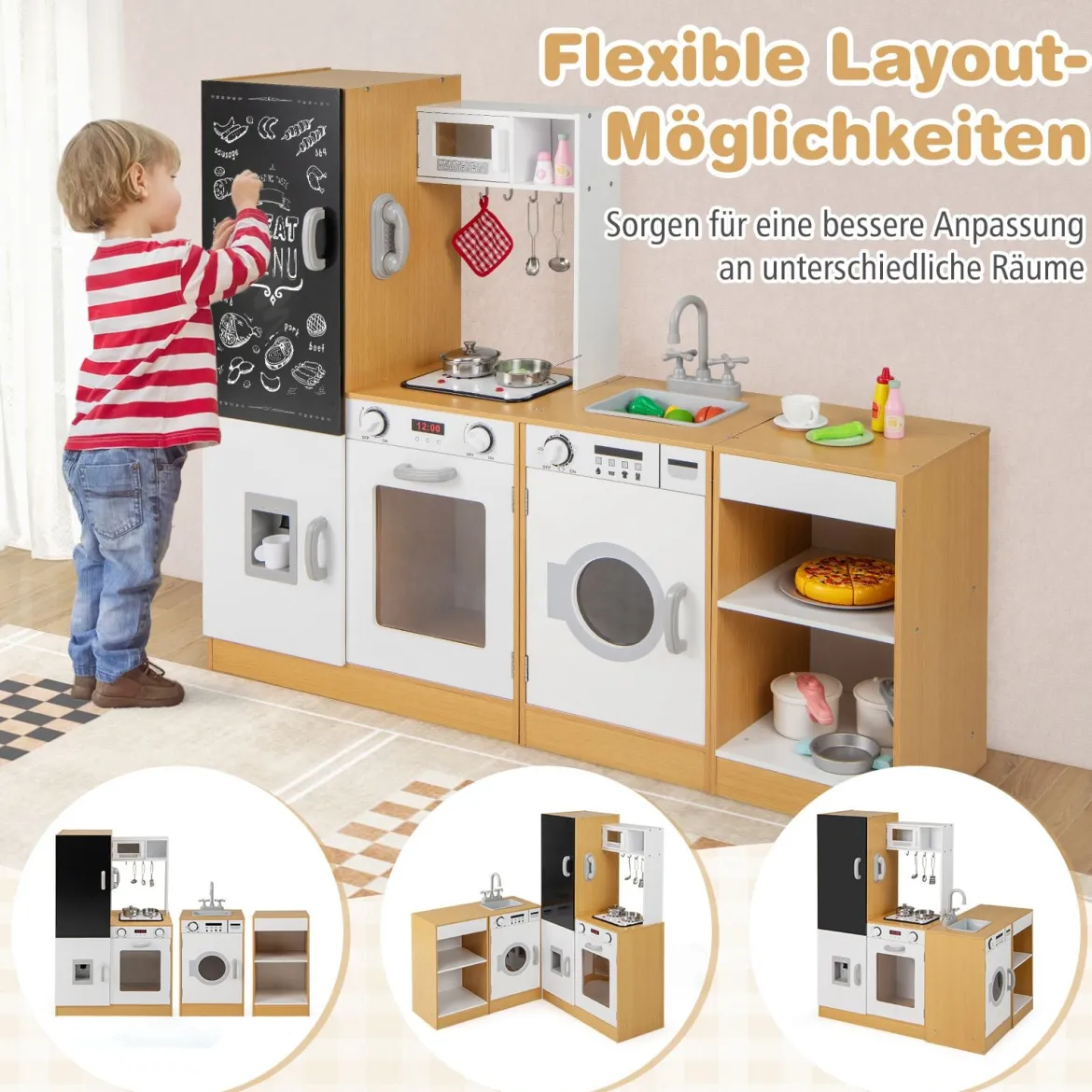 3-teiliges Kinder-Spielküchenset Holz Spielküche mit realistischen Geräuschen & Lichtern Natur + Weiß