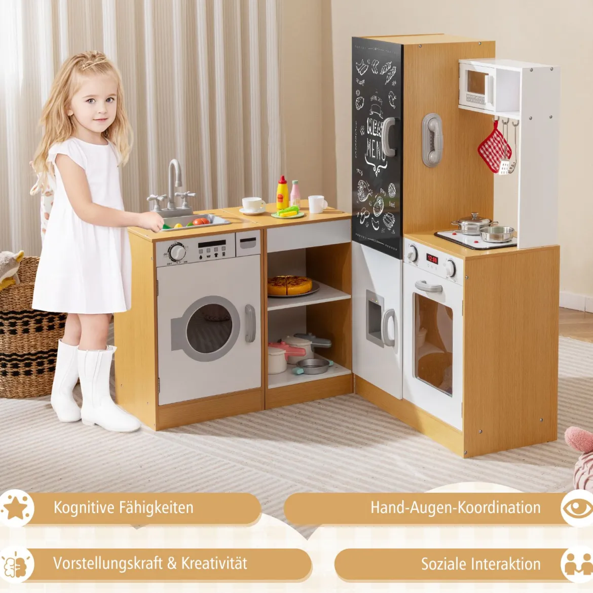 3-teiliges Kinder-Spielküchenset Holz Spielküche mit realistischen Geräuschen & Lichtern Natur + Weiß