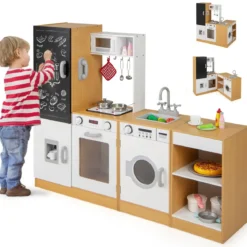 3-teiliges Kinder-Spielküchenset Holz Spielküche mit realistischen Geräuschen & Lichtern Natur + Weiß