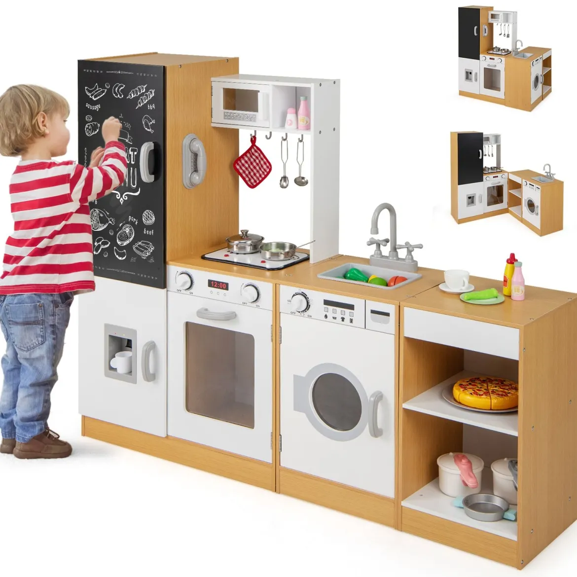 3-teiliges Kinder-Spielküchenset Holz Spielküche mit realistischen Geräuschen & Lichtern Natur + Weiß