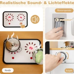 3-teiliges Kinder-Spielküchenset Holz Spielküche mit realistischen Geräuschen & Lichtern Natur + Weiß