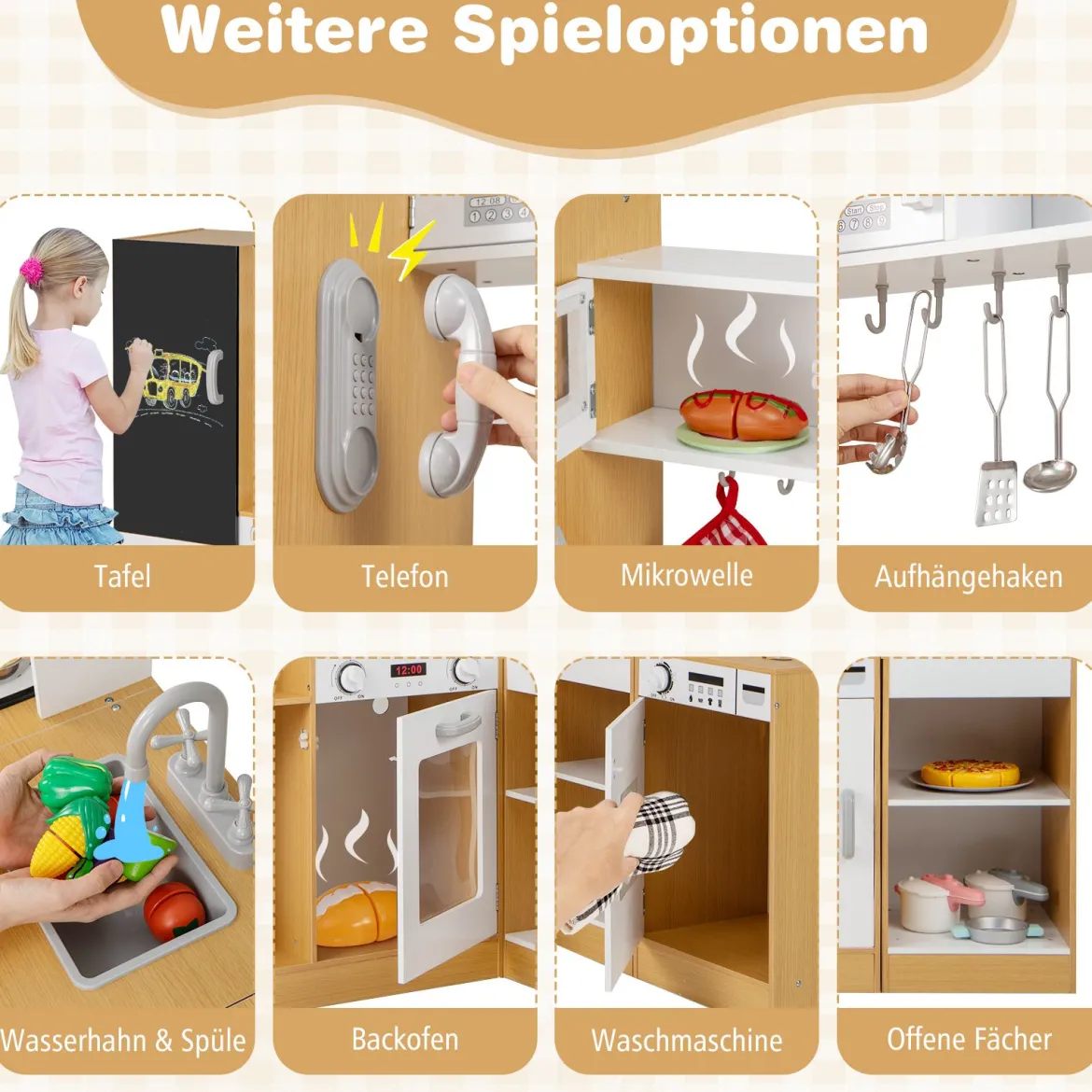 3-teiliges Kinder-Spielküchenset Holz Spielküche mit realistischen Geräuschen & Lichtern Natur + Weiß