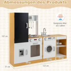 3-teiliges Kinder-Spielküchenset Holz Spielküche mit realistischen Geräuschen & Lichtern Natur + Weiß