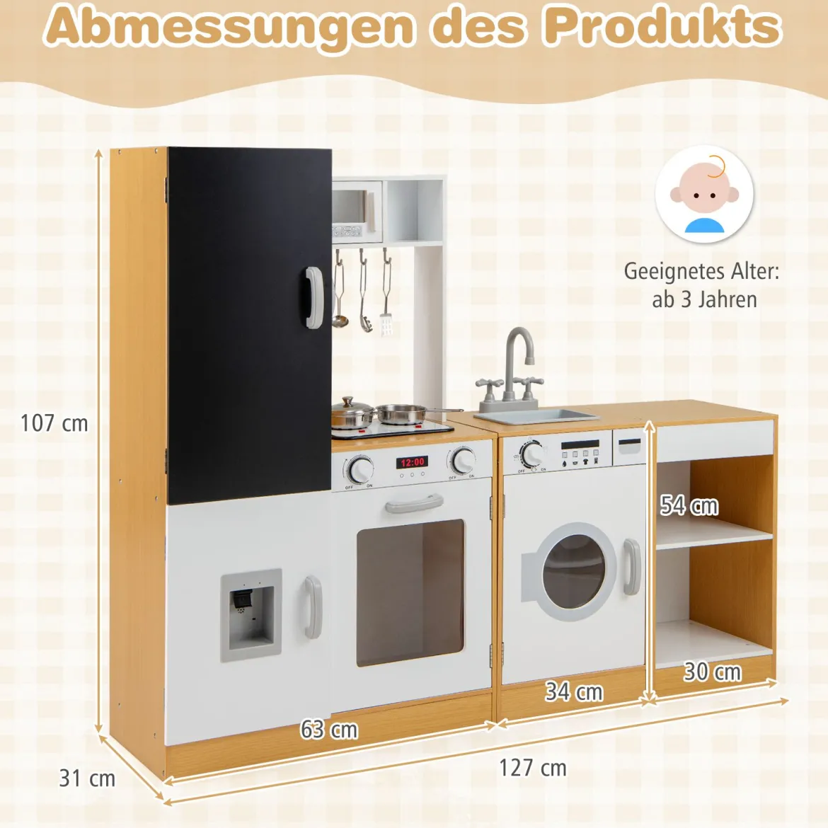 3-teiliges Kinder-Spielküchenset Holz Spielküche mit realistischen Geräuschen & Lichtern Natur + Weiß